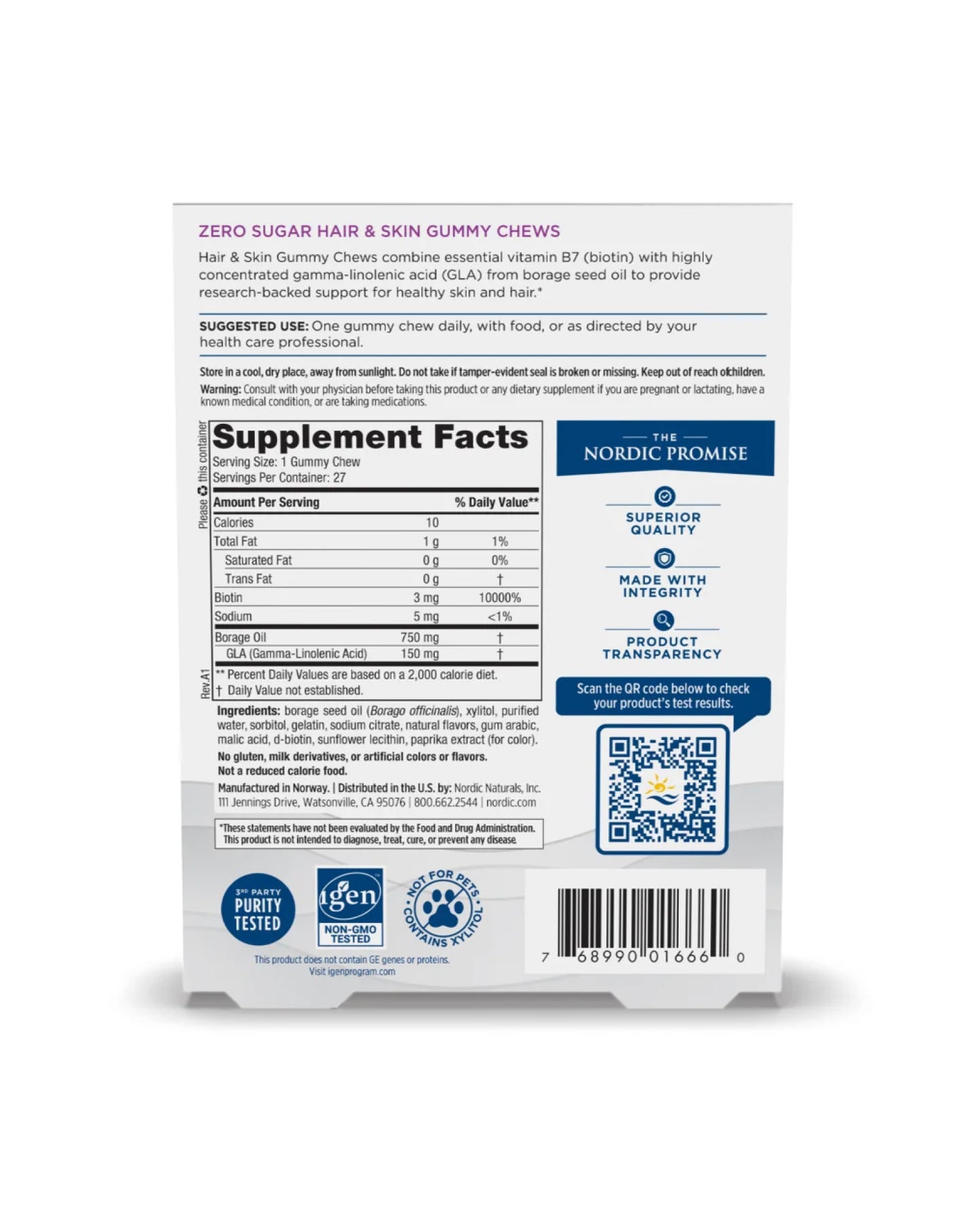 The back of Nordic Naturals Zero Sugar Hair & Skin Gummies