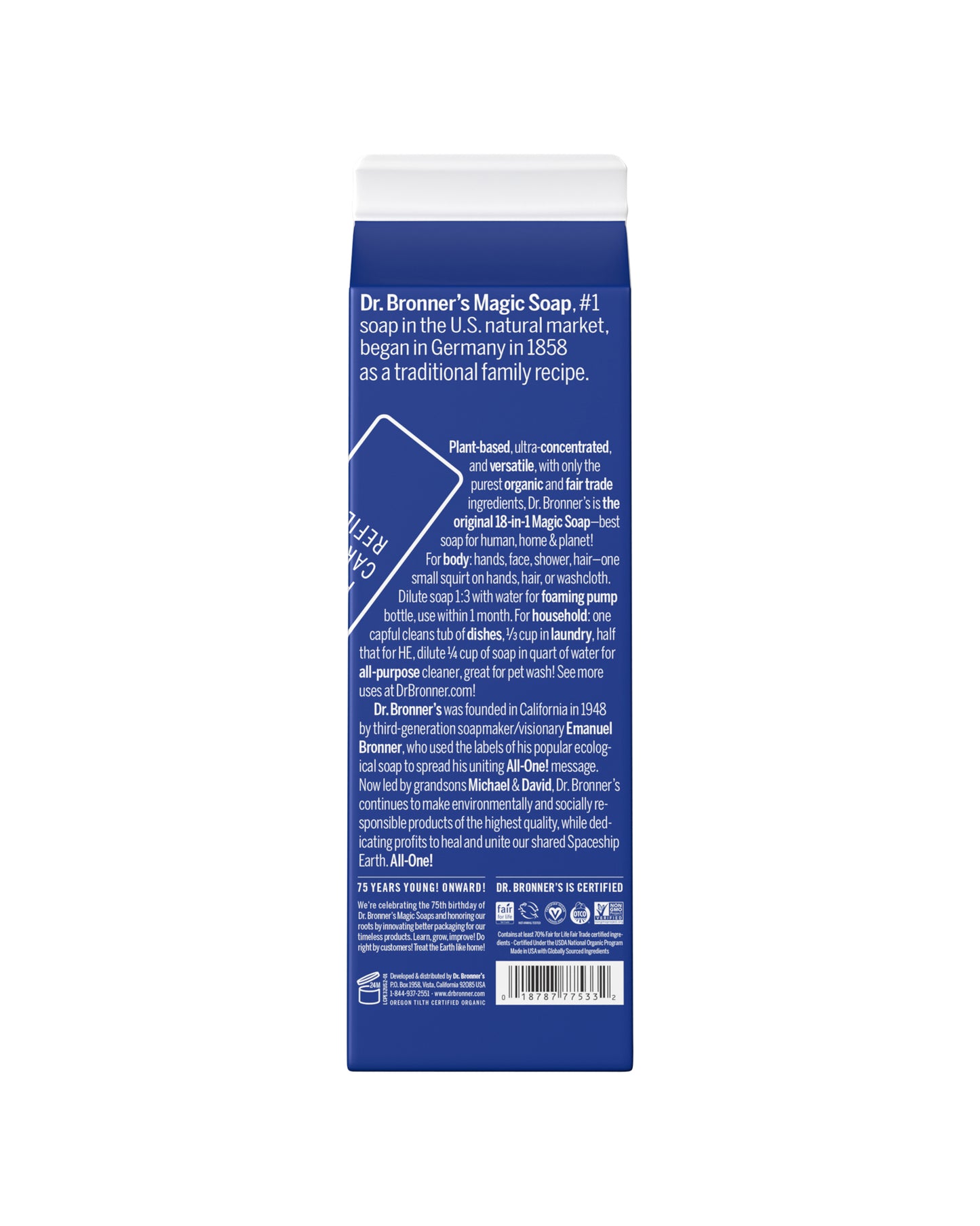 The back of Dr. Bronner's Peppermint Pure-Castile Liquid Soap Refill Carton