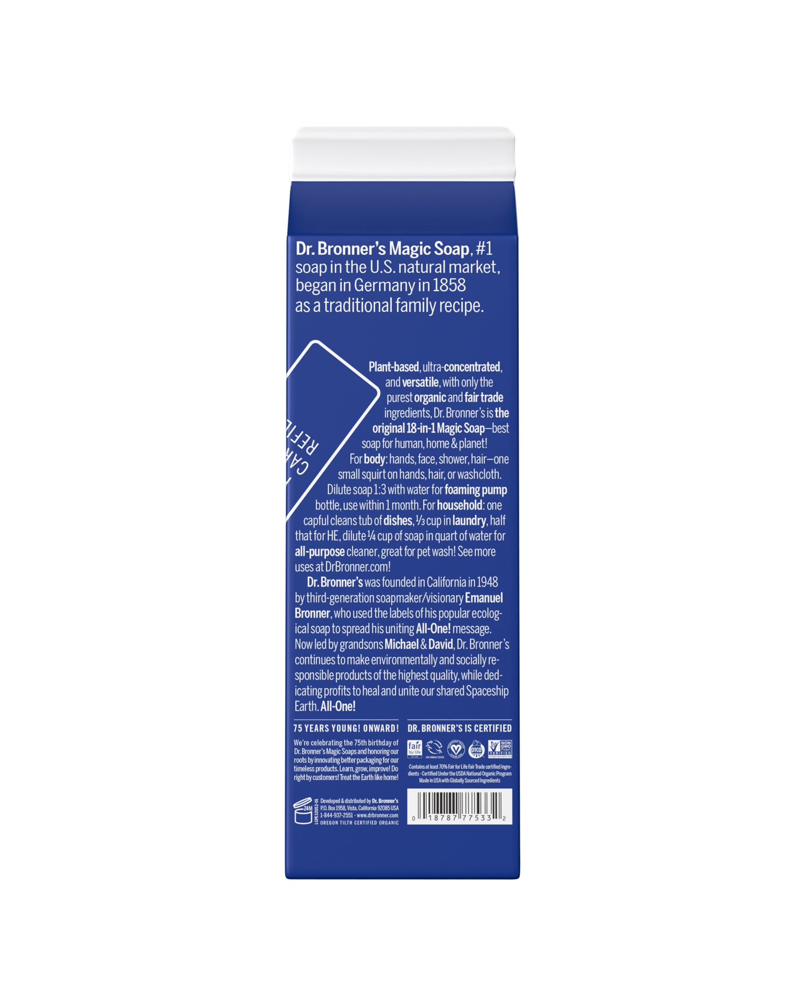 The back of Dr. Bronner's Peppermint Pure-Castile Liquid Soap Refill Carton