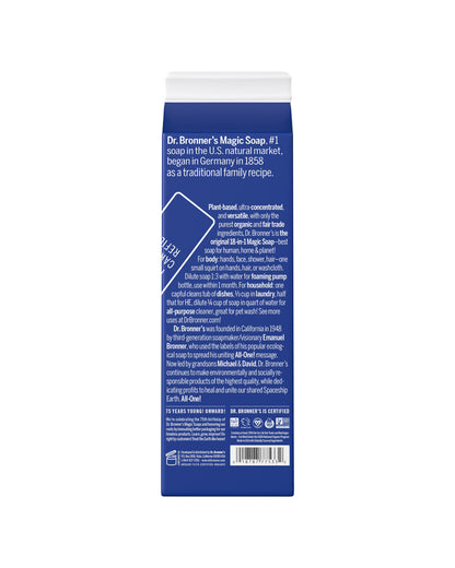 The back of Dr. Bronner's Peppermint Pure-Castile Liquid Soap Refill Carton