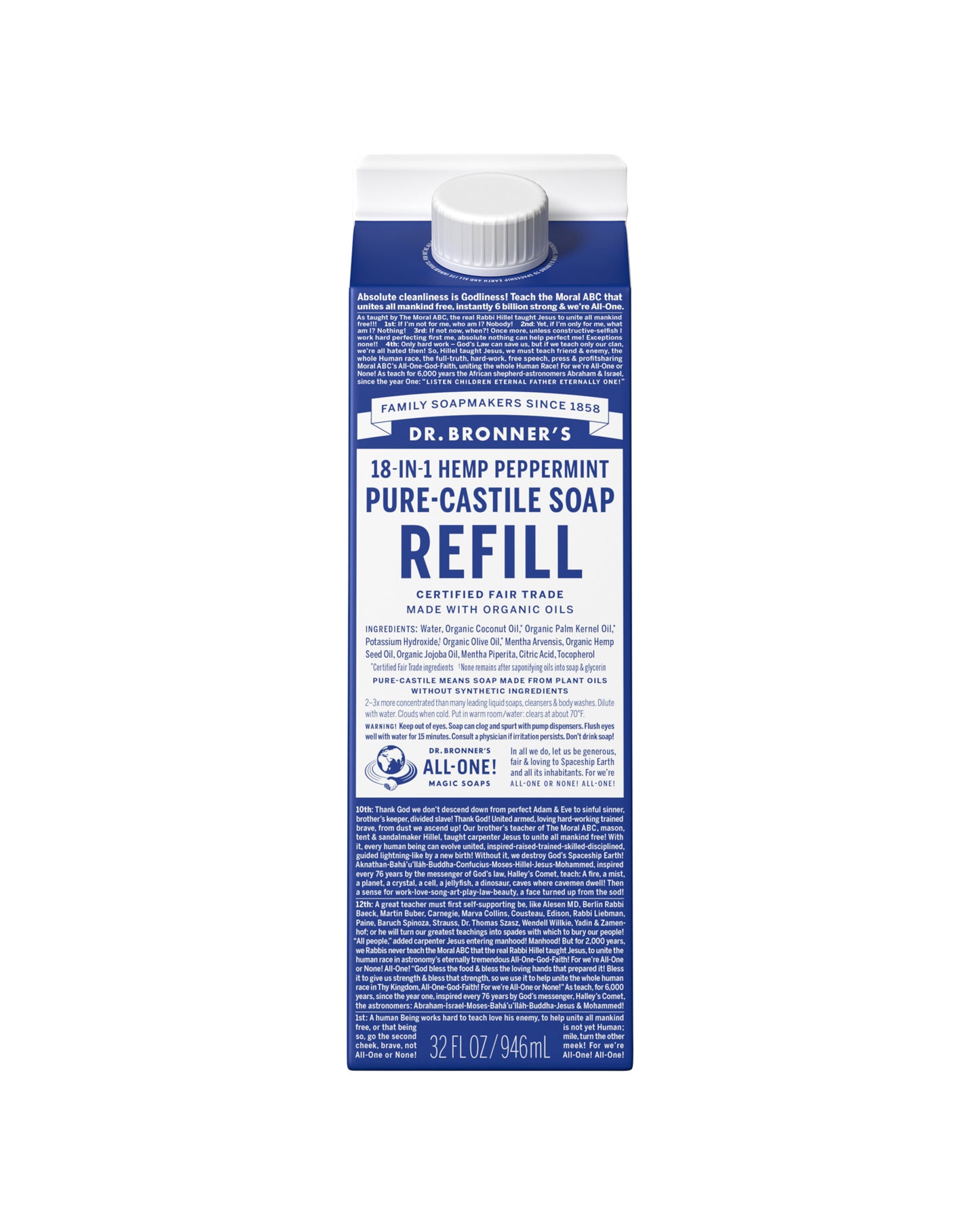 The front of Dr. Bronner's Peppermint Pure-Castile Liquid Soap Refill Carton