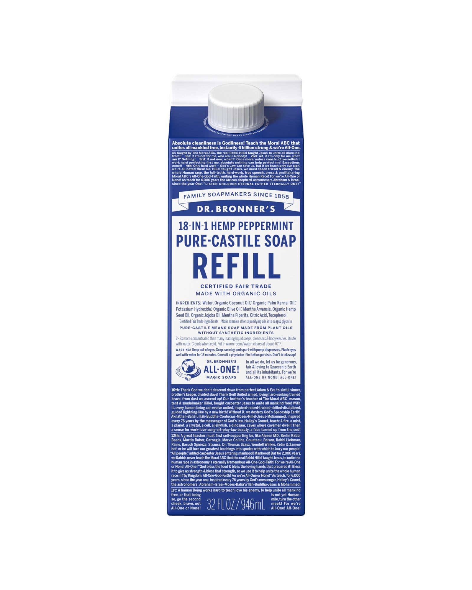 The front of Dr. Bronner's Peppermint Pure-Castile Liquid Soap Refill Carton