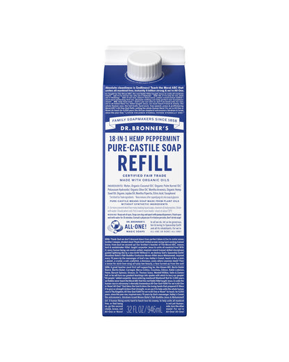 The front of Dr. Bronner's Peppermint Pure-Castile Liquid Soap Refill Carton