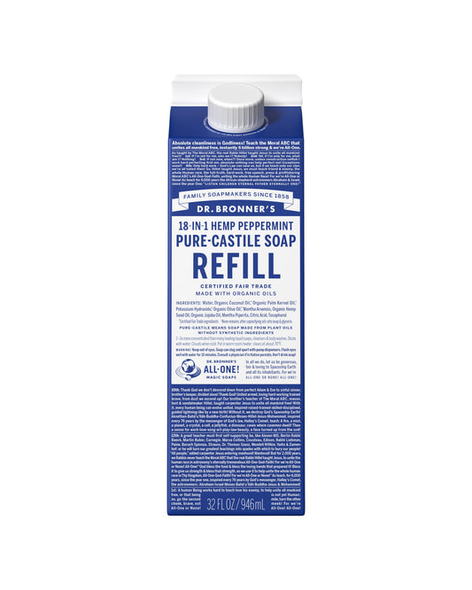 The front of Dr. Bronner's Peppermint Pure-Castile Liquid Soap Refill Carton