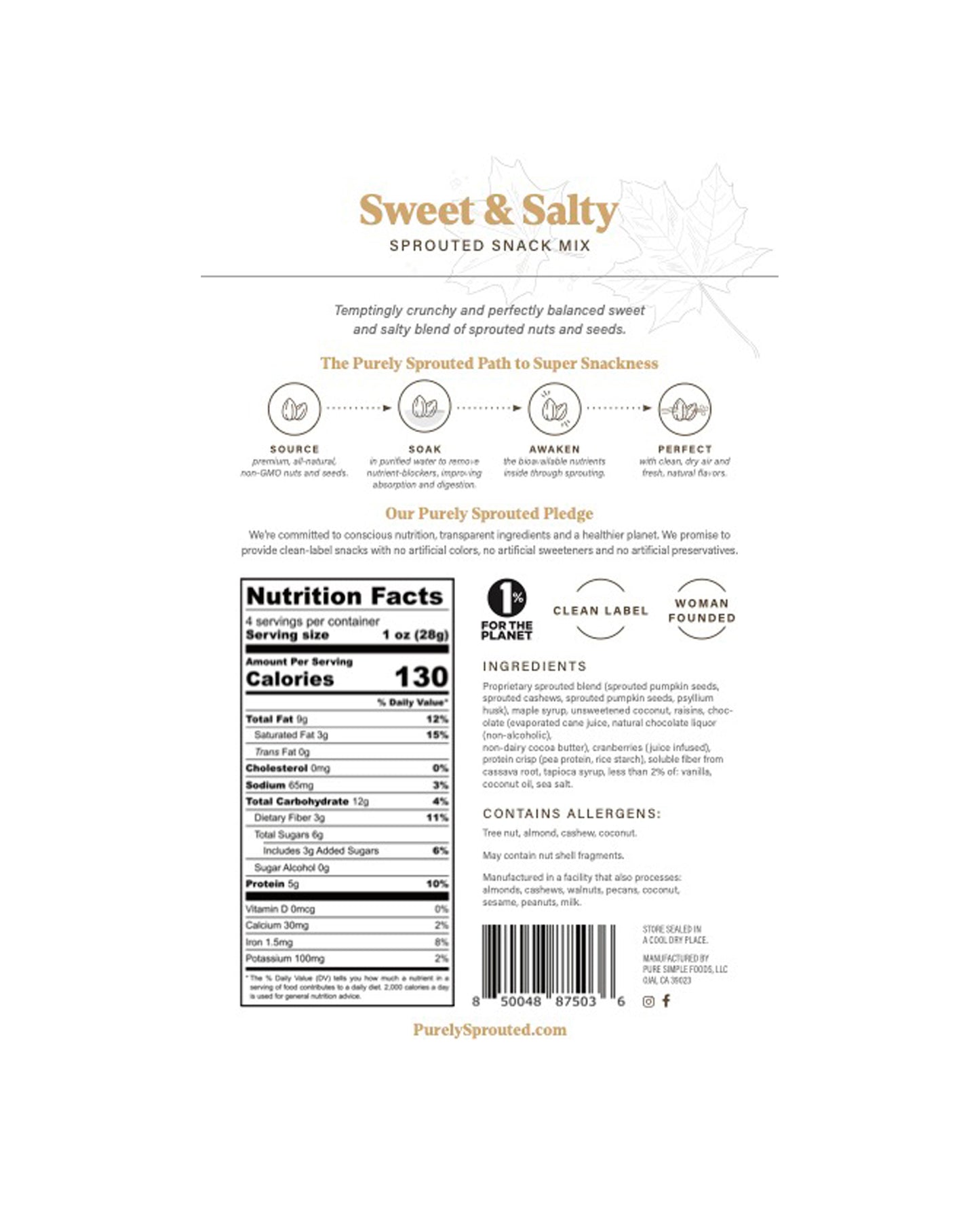 The front of Purely Sprouted Sweet & Salty Sprouted Nut and Seed Snack Mix
