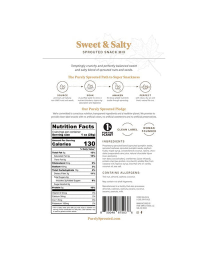 The front of Purely Sprouted Sweet & Salty Sprouted Nut and Seed Snack Mix