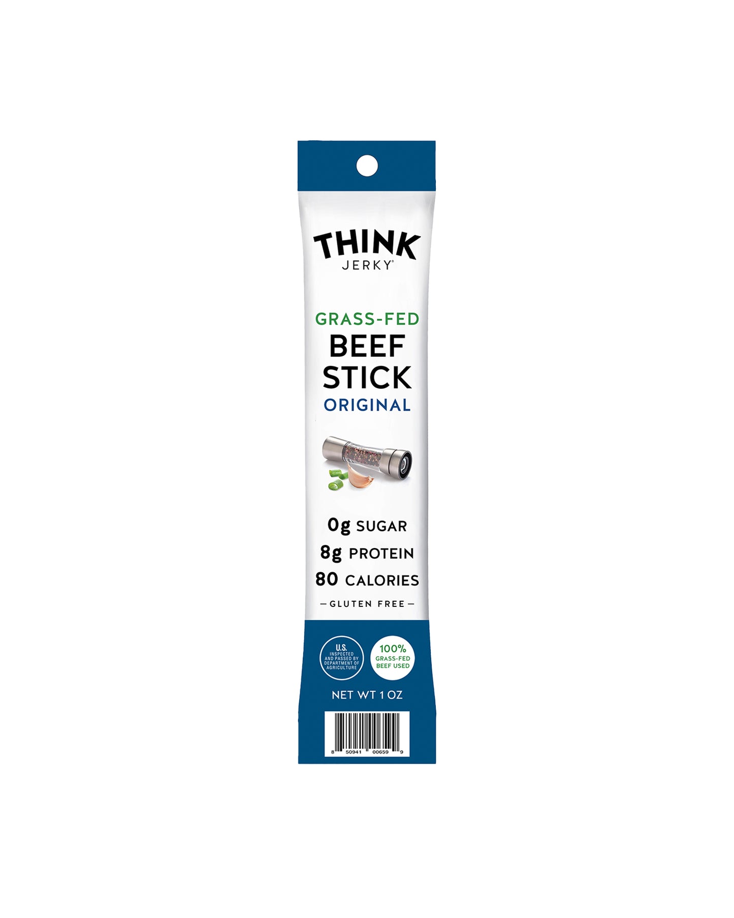 The front of Think Jerky Original 100% Grass-Fed Beef Stick - Box of 20