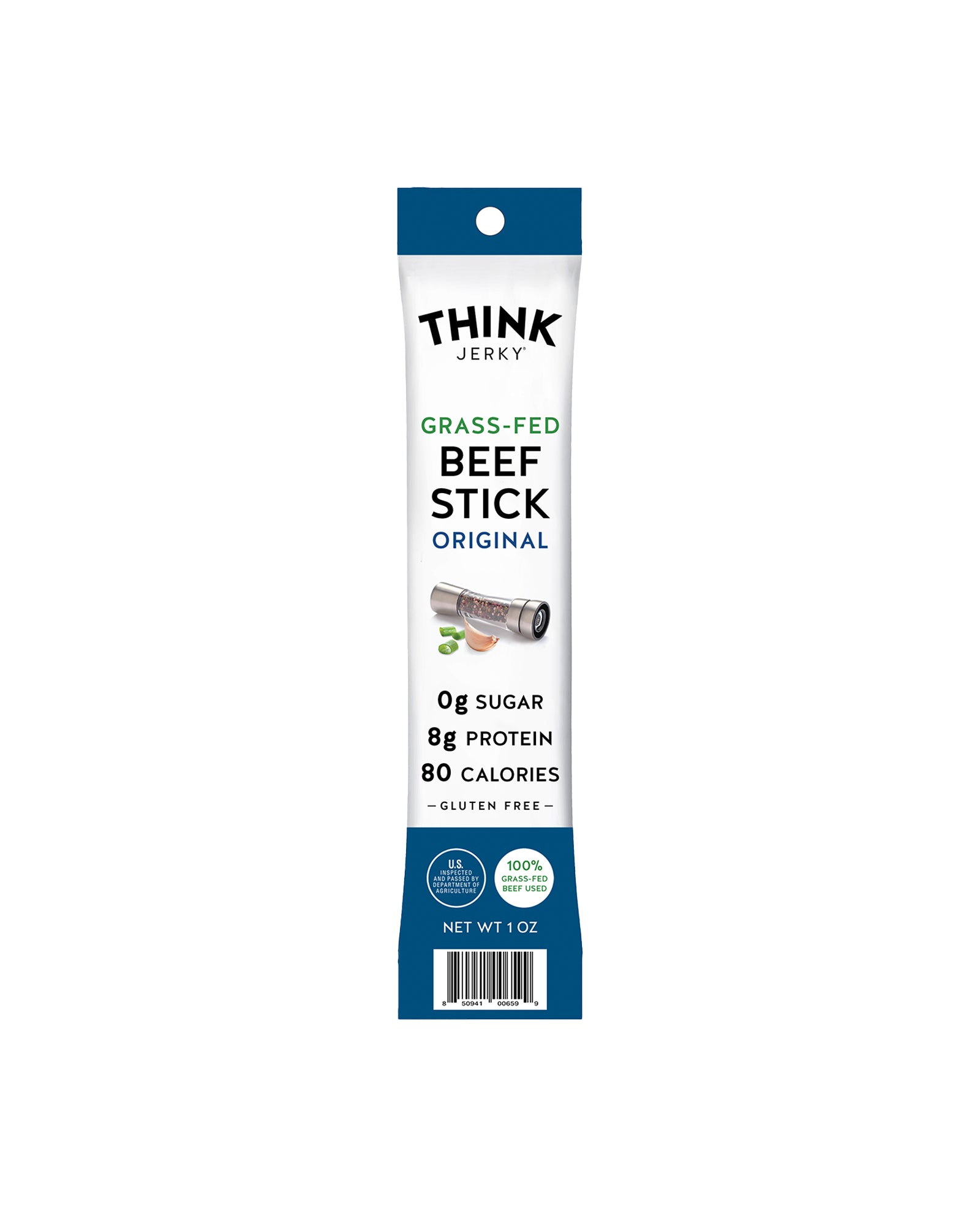 The front of Think Jerky Original 100% Grass-Fed Beef Stick - Box of 20