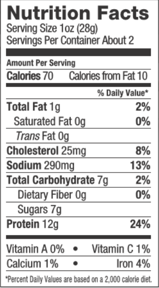 The nutrition panel of Think Jerky Sesame Teriyaki 100% Grass-Fed Beef Jerky