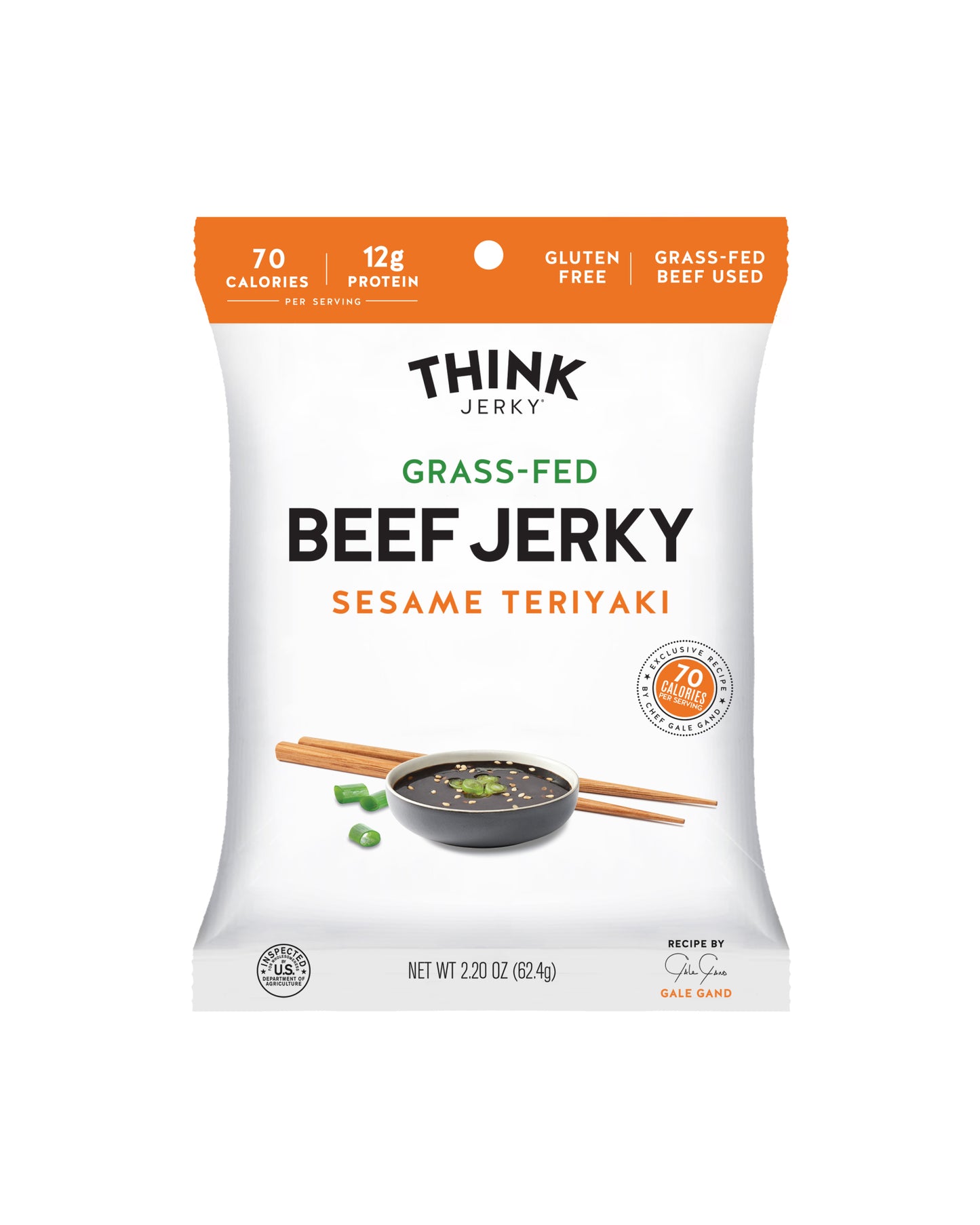 The front of Think Jerky Sesame Teriyaki 100% Grass-Fed Beef Jerky