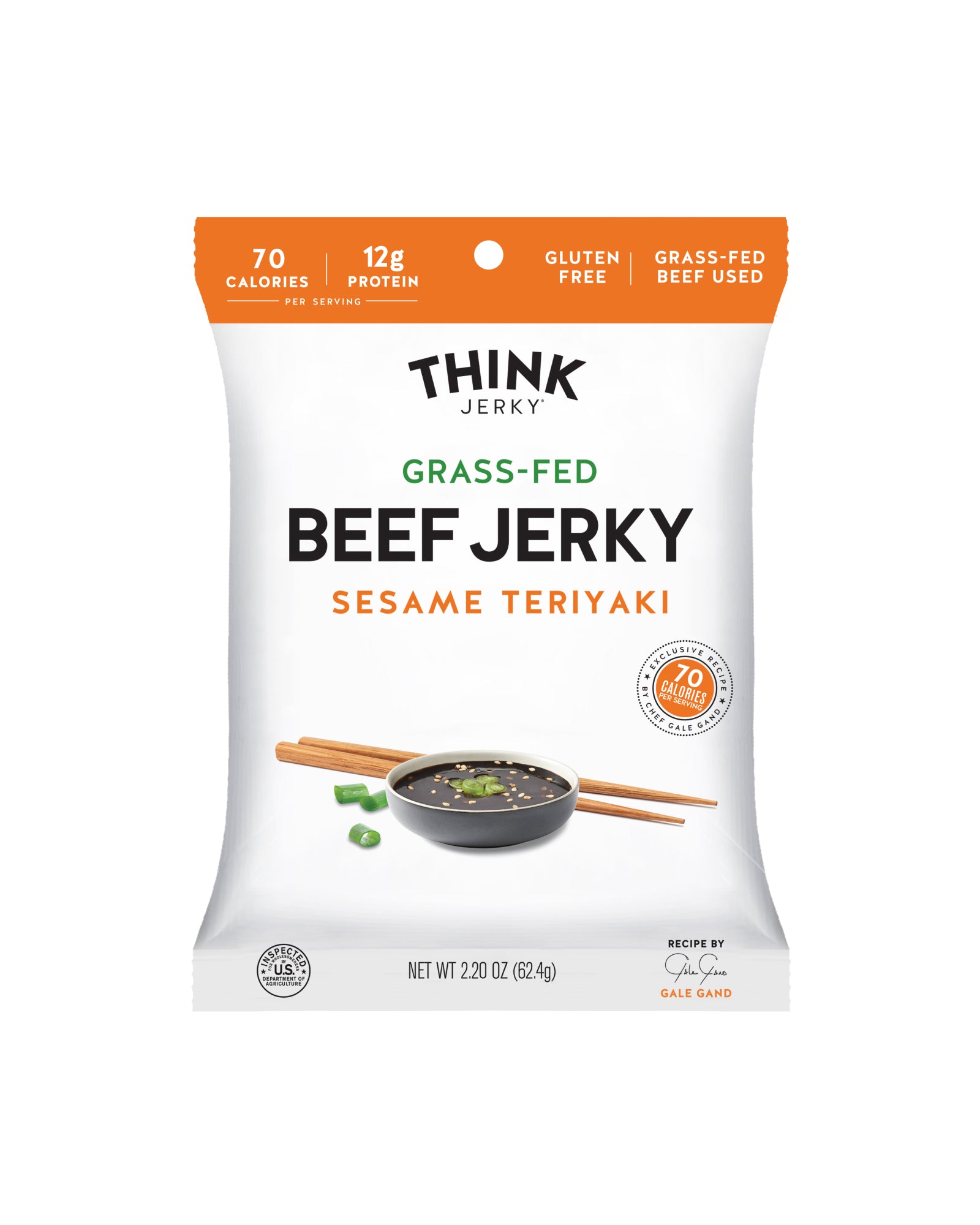 The front of Think Jerky Sesame Teriyaki 100% Grass-Fed Beef Jerky