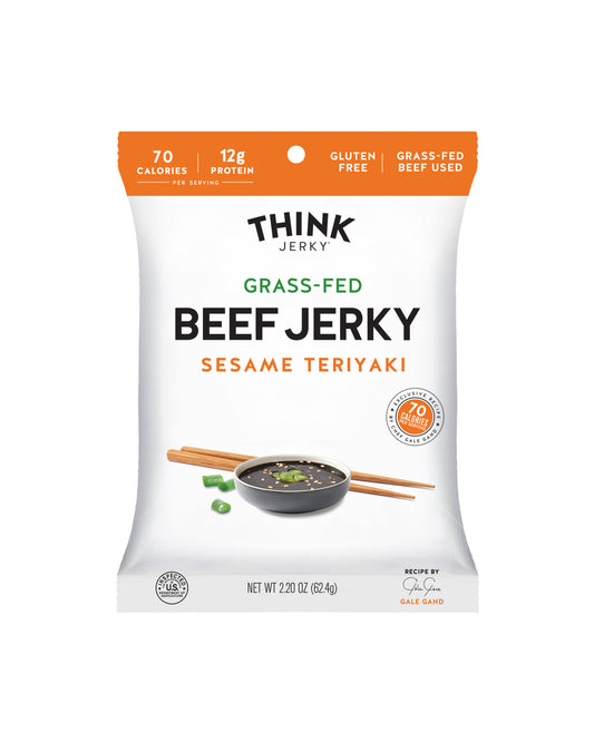 The front of Think Jerky Sesame Teriyaki 100% Grass-Fed Beef Jerky