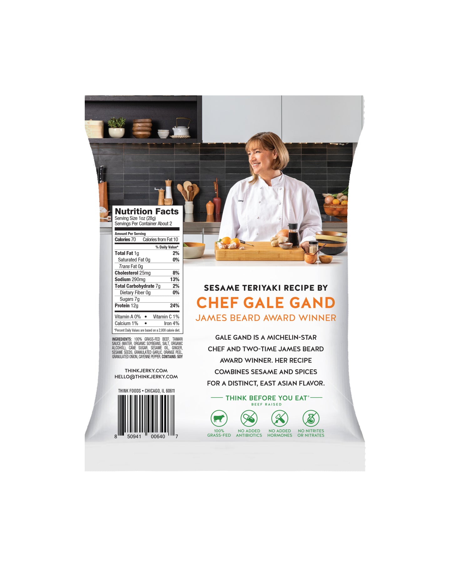 The back of Think Jerky Sesame Teriyaki 100% Grass-Fed Beef Jerky