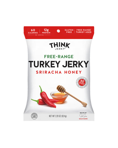 The front of Think Jerky Sriracha Honey Free-Range Turkey Jerky