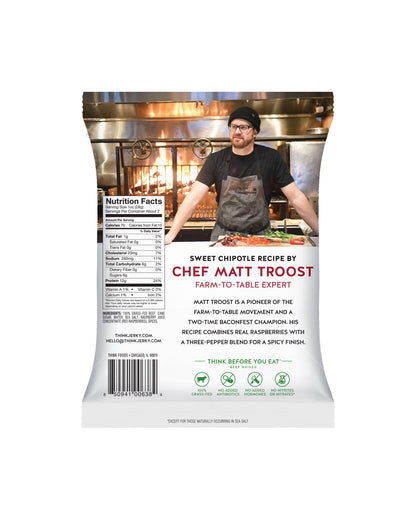 The back of Think Jerky Sweet Chipotle 100% Grass-Fed Beef Jerky