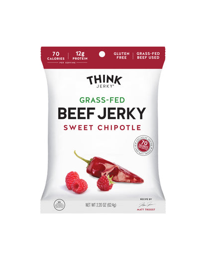 The front of Think Jerky Sweet Chipotle 100% Grass-Fed Beef Jerky