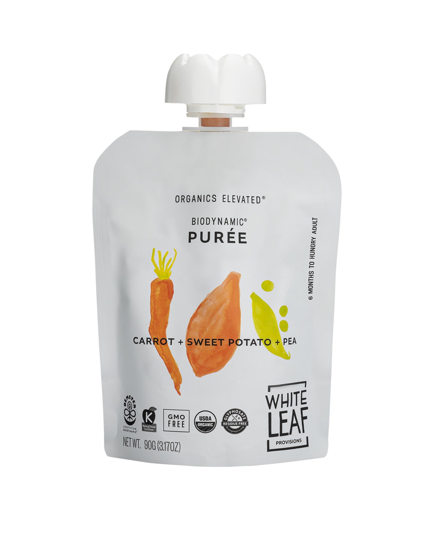 The front of White Leaf Provisions Carrot + Sweet Potato + Pea Organic, Biodynamic® Baby Food - Box of 6