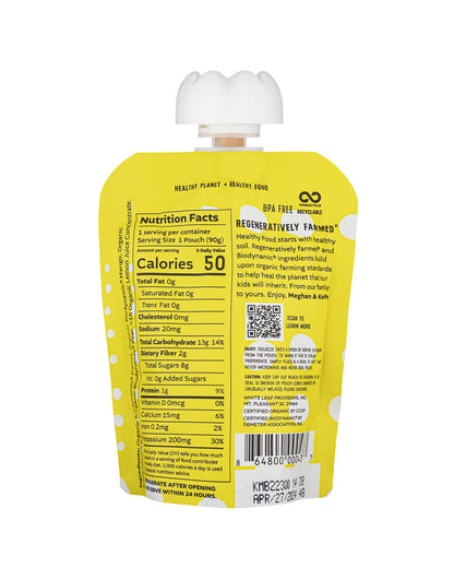 The back of White Leaf Provisions Mango + Carrot + Banana + Pear Organic, Biodynamic® Baby Food - Box of 6