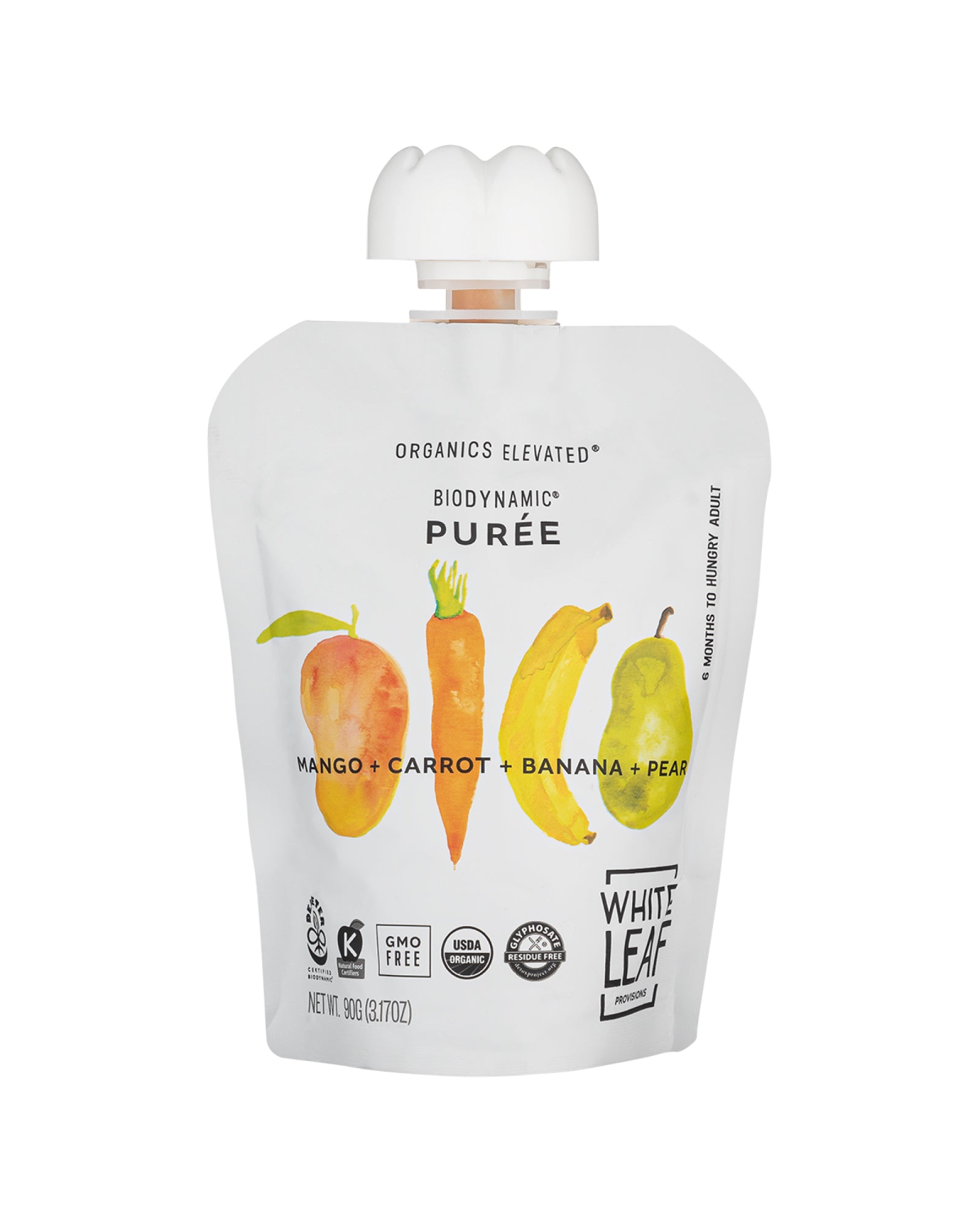 The front of White Leaf Provisions Mango + Carrot + Banana + Pear Organic, Biodynamic® Baby Food - Box of 6