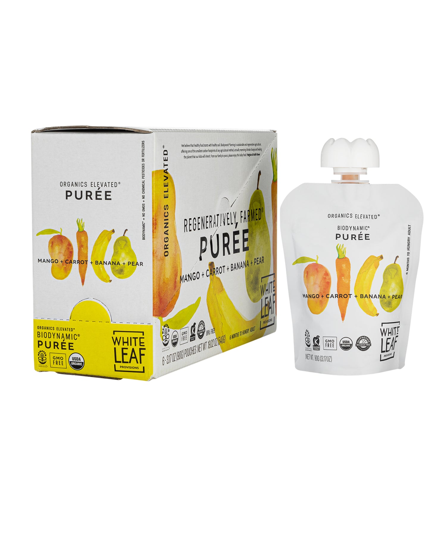 The front of White Leaf Provisions Mango + Carrot + Banana + Pear Organic, Biodynamic® Baby Food - Box of 6