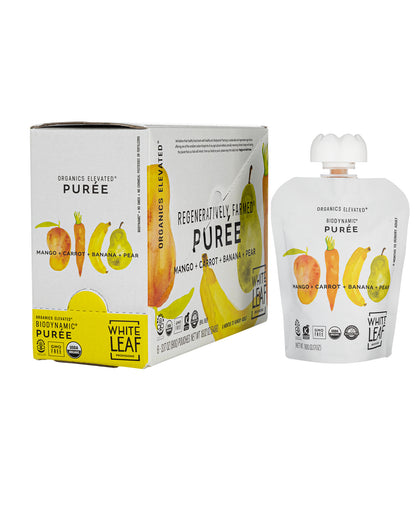 The front of White Leaf Provisions Mango + Carrot + Banana + Pear Organic, Biodynamic® Baby Food - Box of 6
