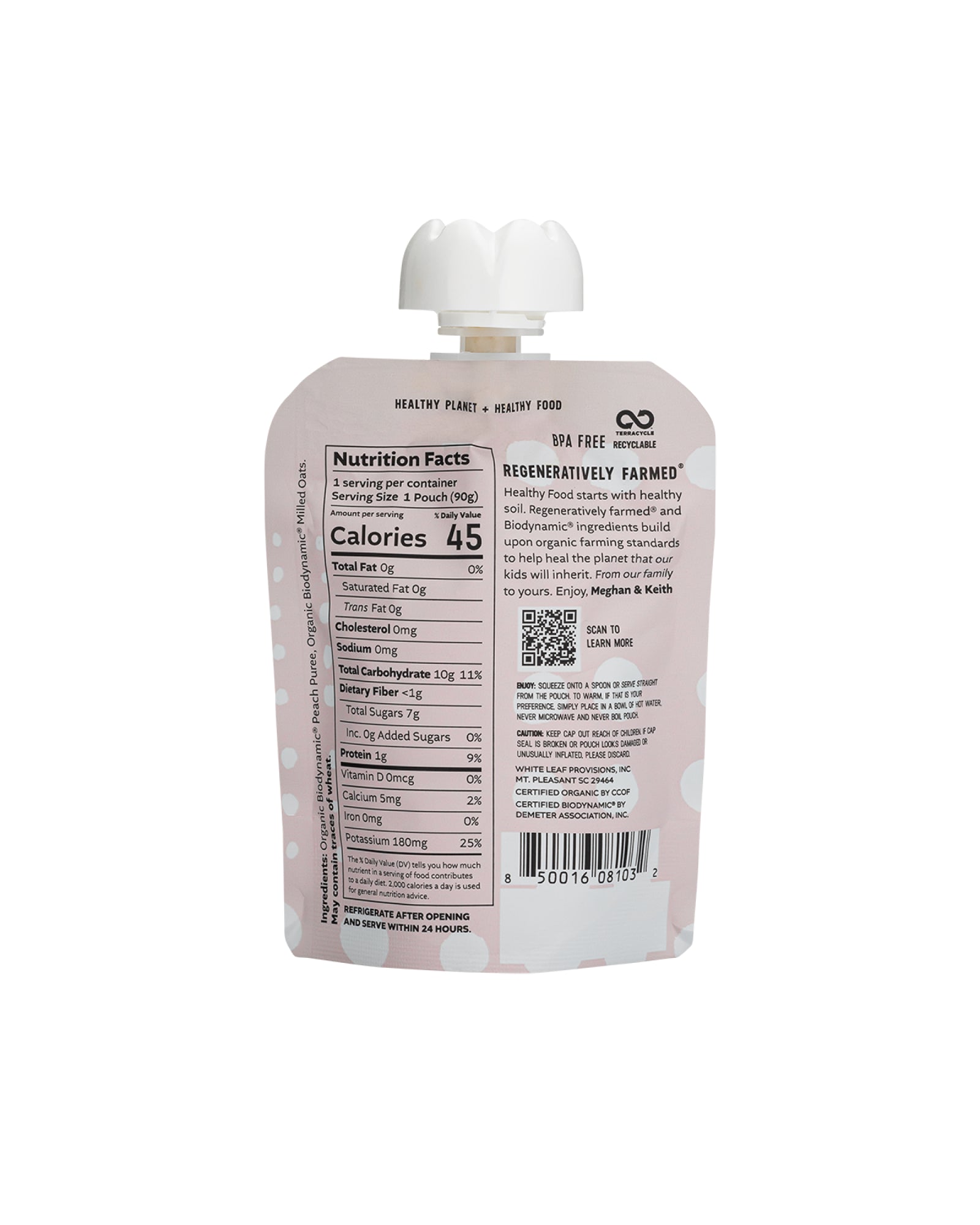 The back of White Leaf Provisions Peach + Oat Organic, Biodynamic® Baby Food - Box of 6