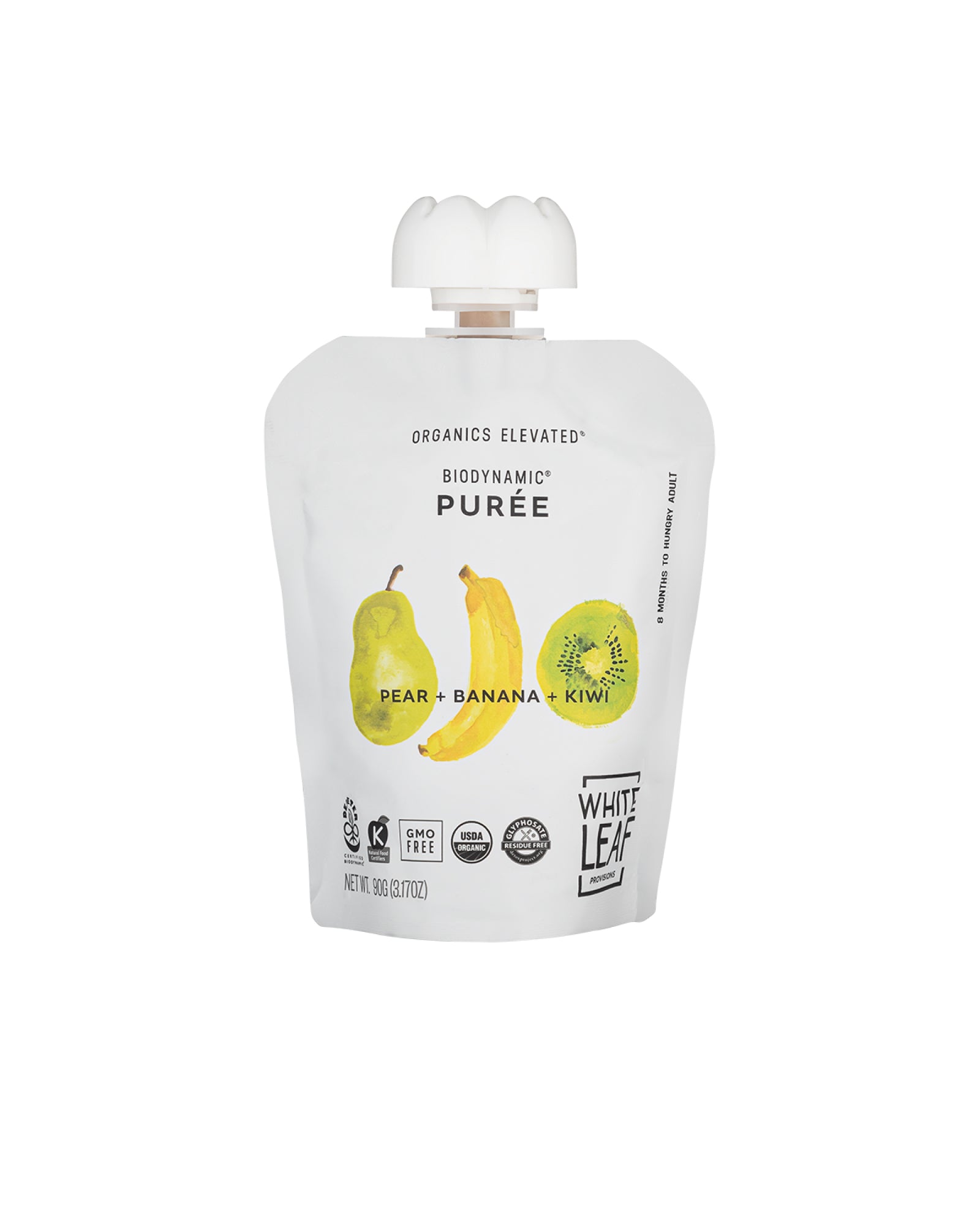 The front of White Leaf Provisions Pear + Banana + Kiwi Organic, Biodynamic® Baby Food - Box of 6