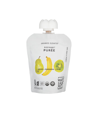 The front of White Leaf Provisions Pear + Banana + Kiwi Organic, Biodynamic® Baby Food - Box of 6