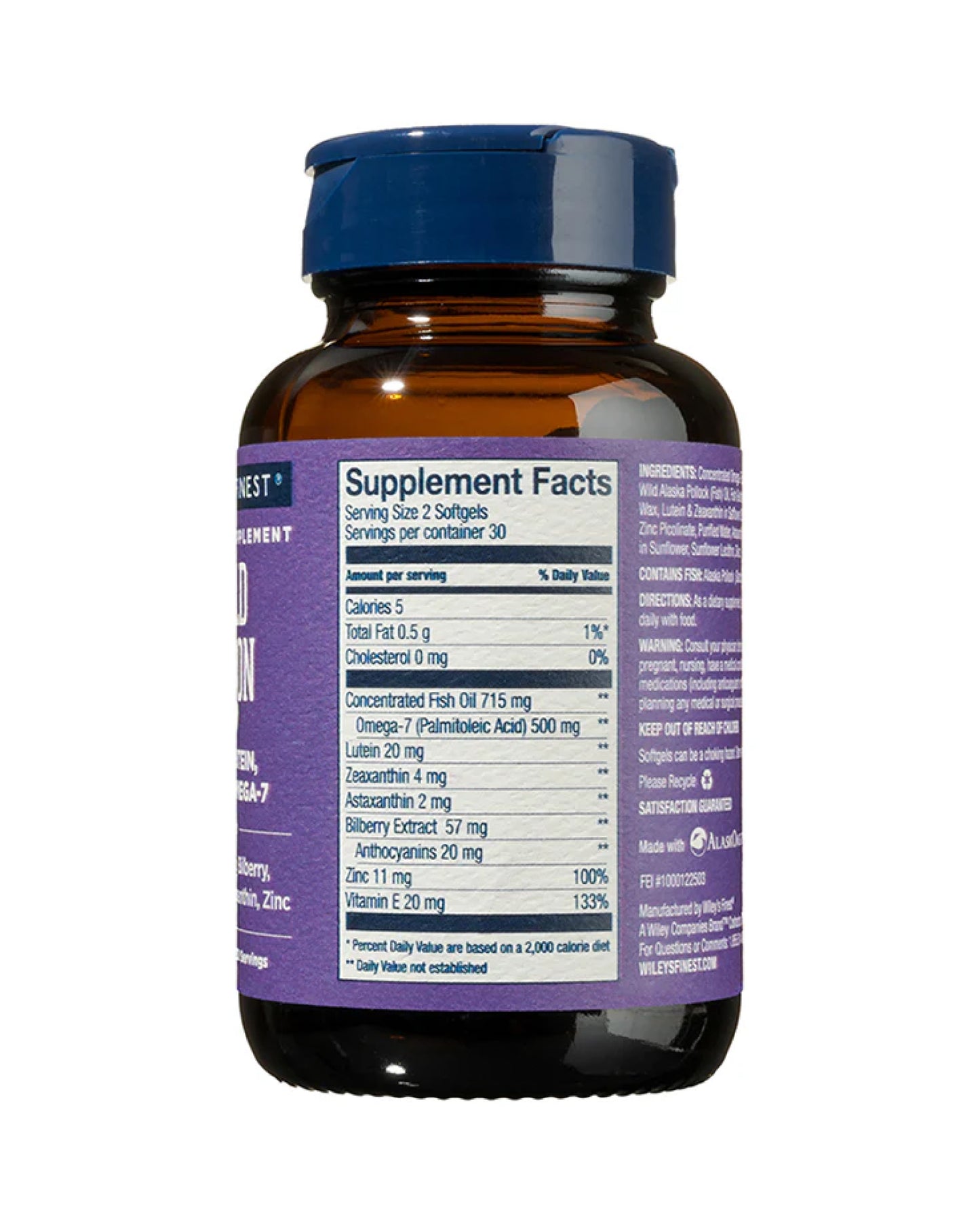 The nutrition panel of Wiley's Finest Bold Vision Soft Gels