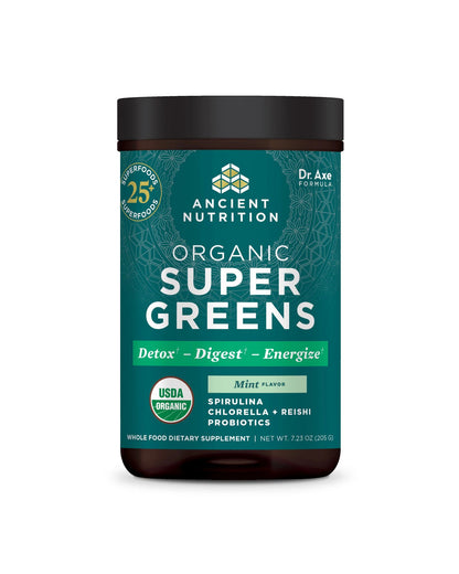 The front of Ancient Nutrition Organic Super Greens Powder