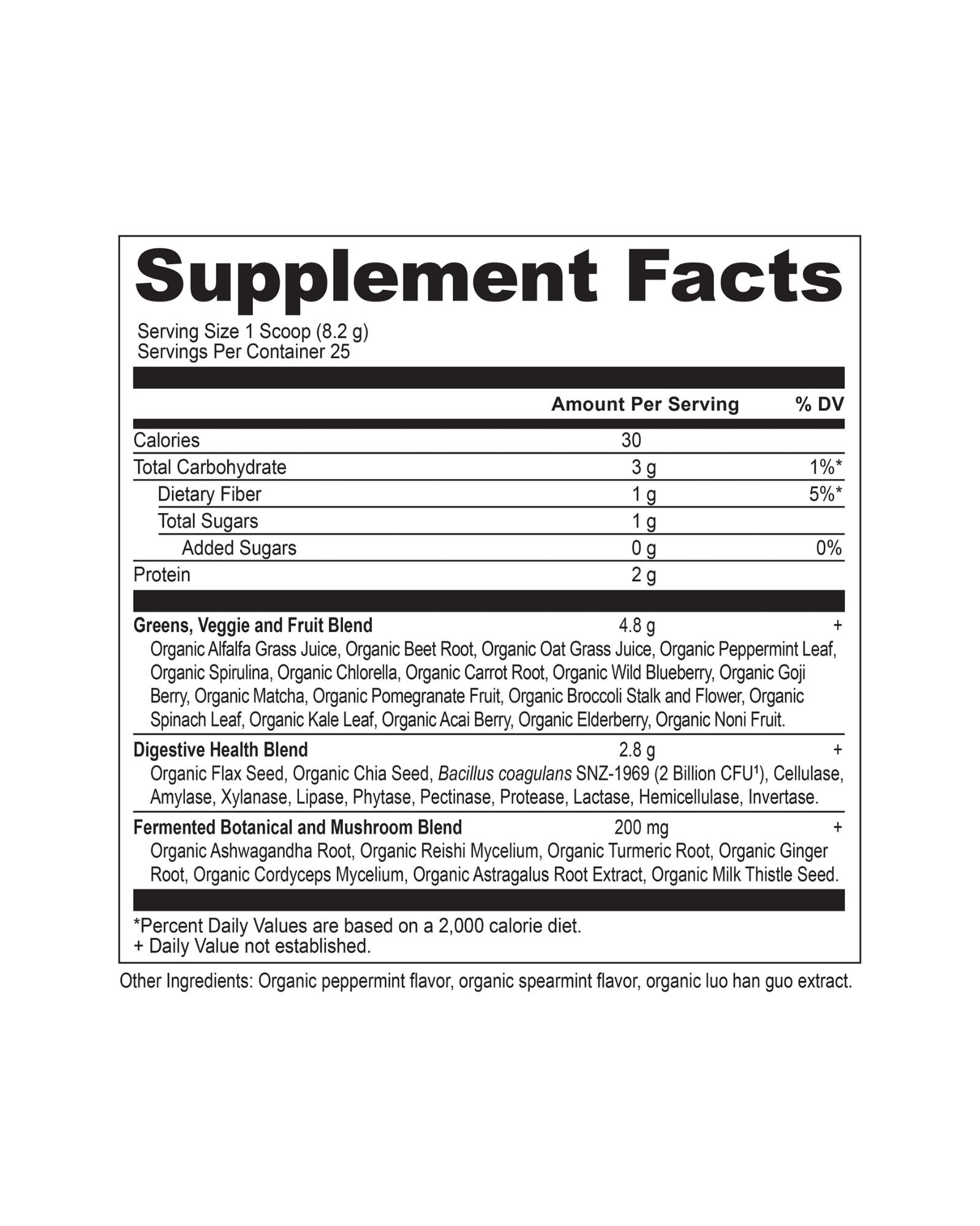 The nutrition panel of Ancient Nutrition Organic Super Greens Powder