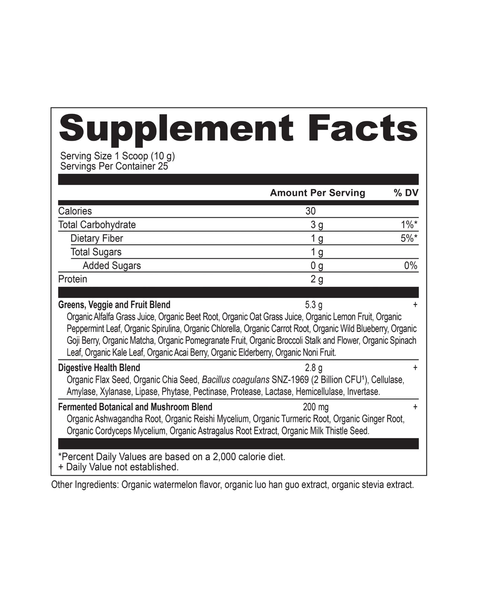 The nutrition panel of Ancient Nutrition Organic Super Greens Powder