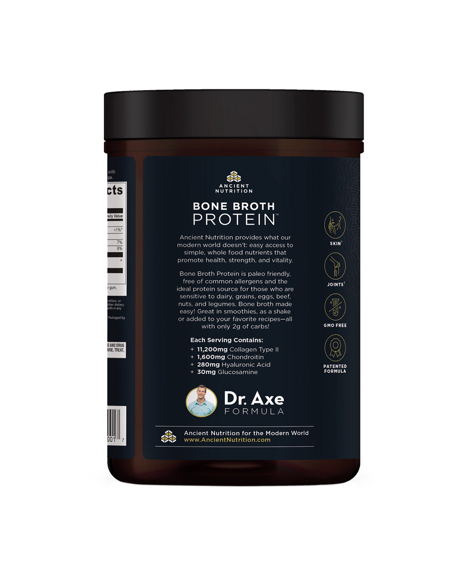 The back of Ancient Nutrition Vanilla Bone Broth Protein Powder