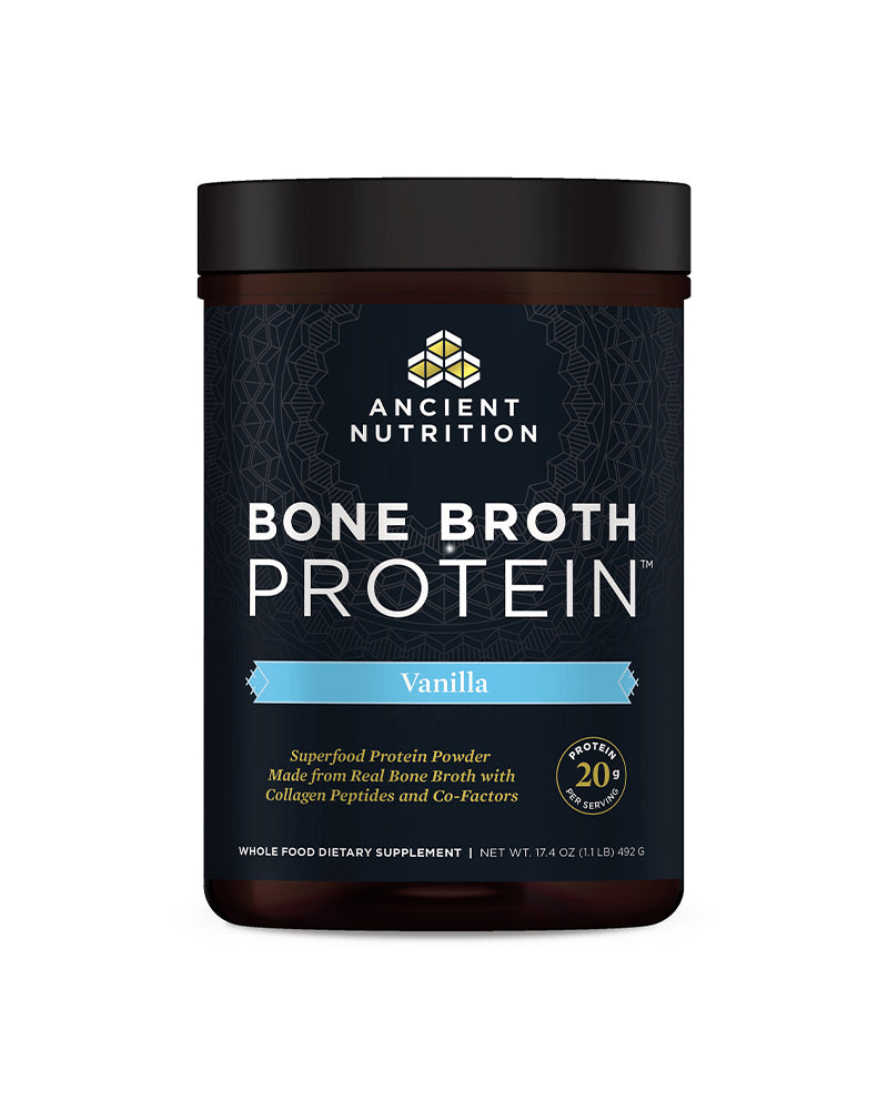 The front of Ancient Nutrition Vanilla Bone Broth Protein Powder