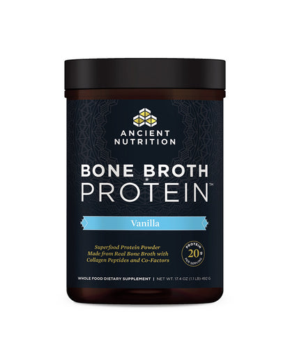The front of Ancient Nutrition Vanilla Bone Broth Protein Powder