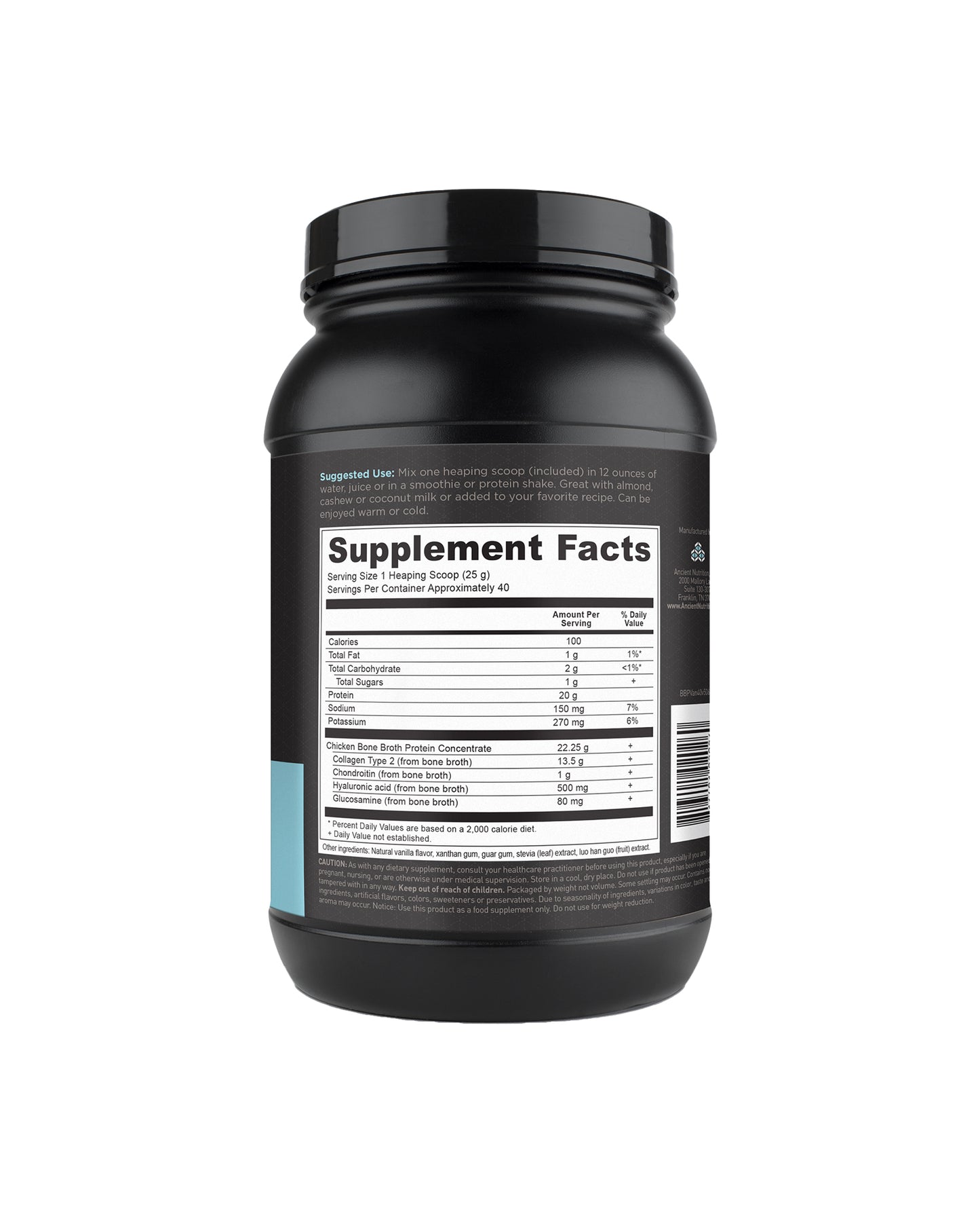 The back of Ancient Nutrition Vanilla Bone Broth Protein Powder