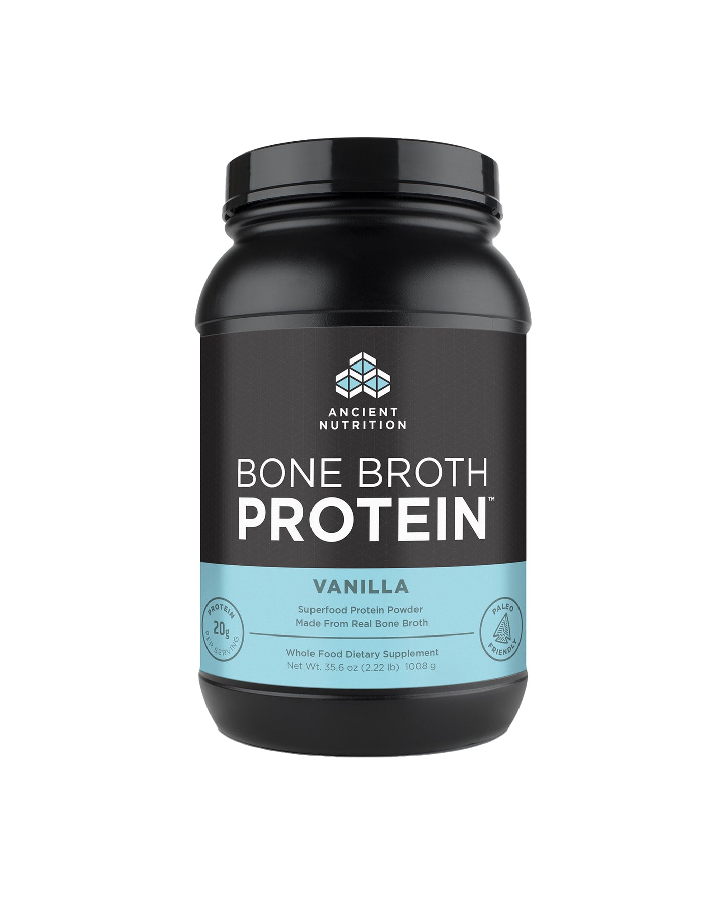 The front of Ancient Nutrition Vanilla Bone Broth Protein Powder