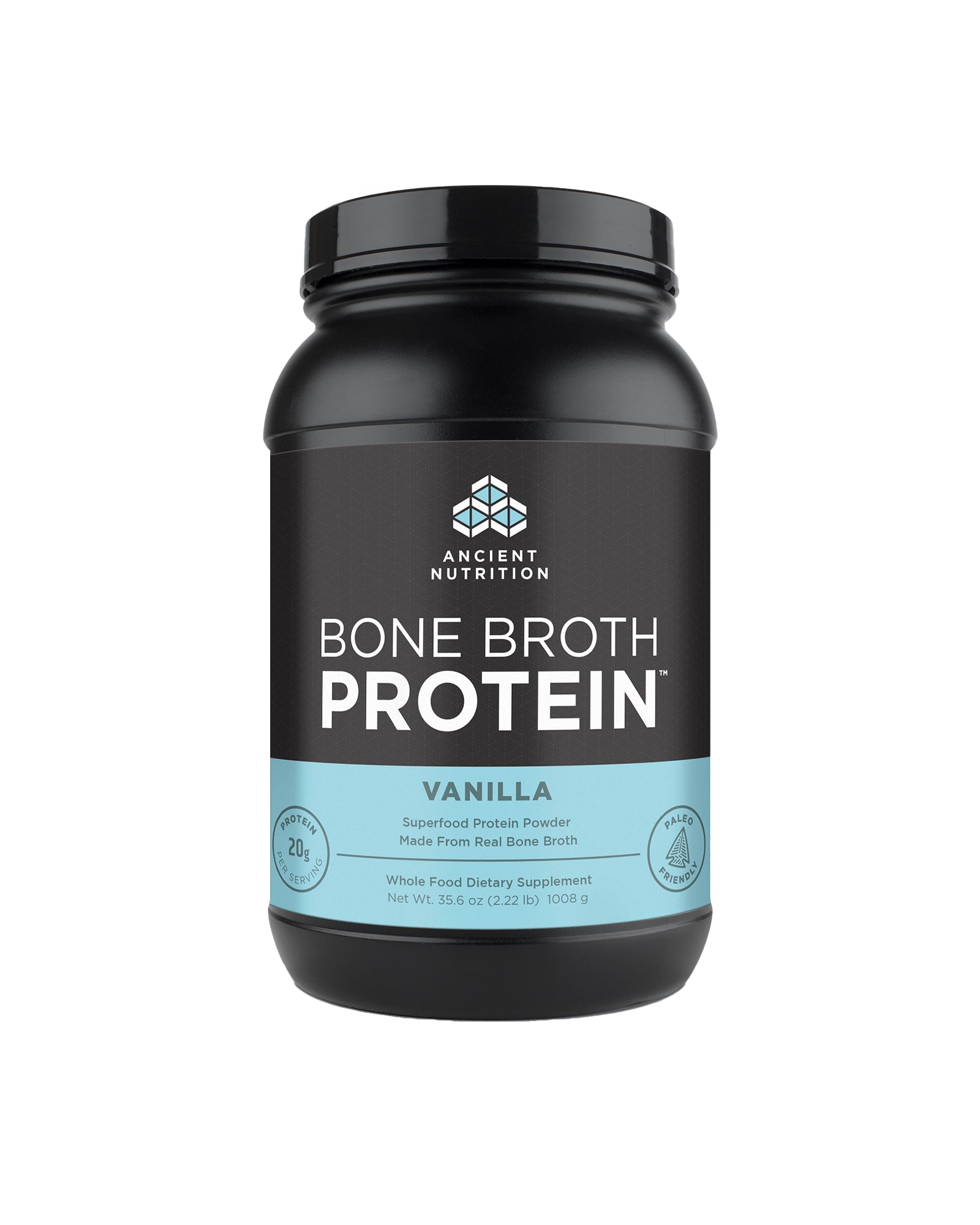 The front of Ancient Nutrition Vanilla Bone Broth Protein Powder