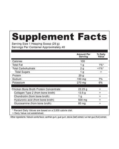 The nutrition panel of Ancient Nutrition Vanilla Bone Broth Protein Powder