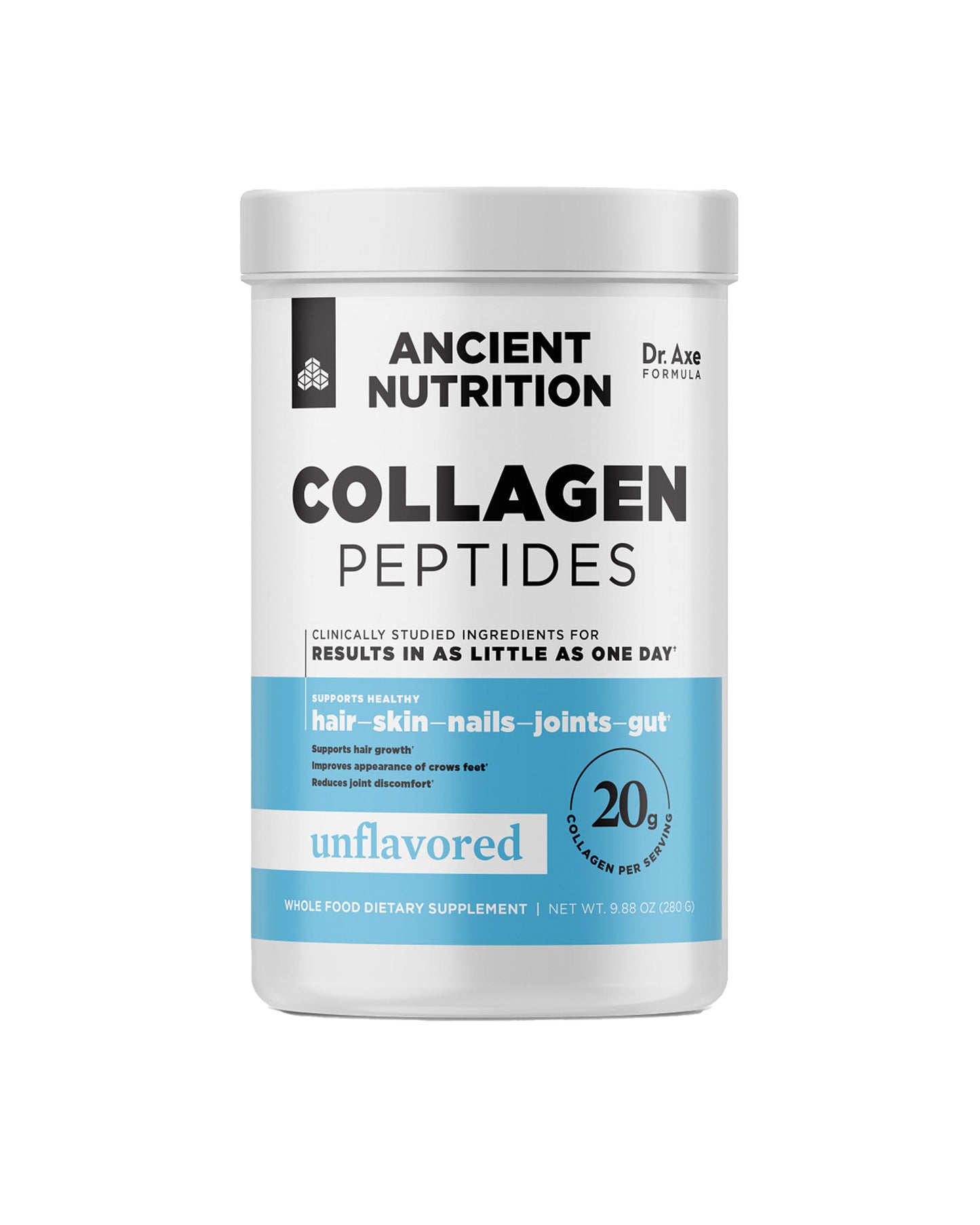 The front of Ancient Nutrition Unflavored Collagen Peptides Powder