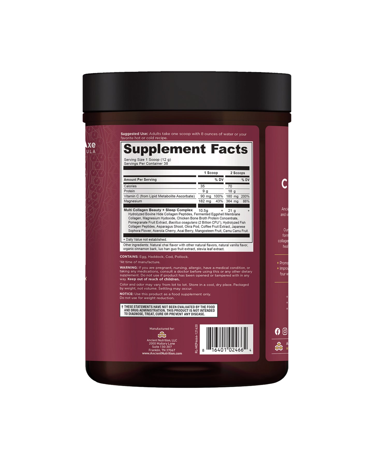The back of Ancient Nutrition Beauty & Sleep Multi Collagen Protein Powder
