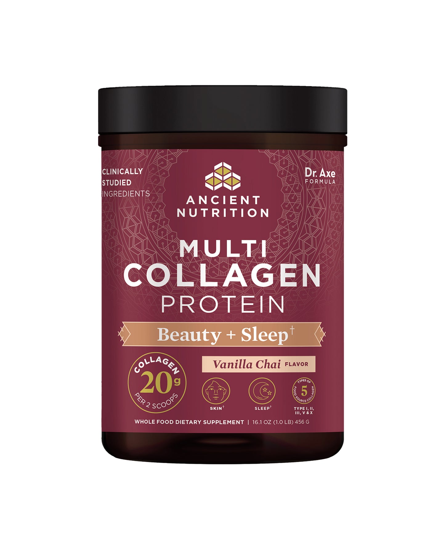 The front of Ancient Nutrition Beauty & Sleep Multi Collagen Protein Powder
