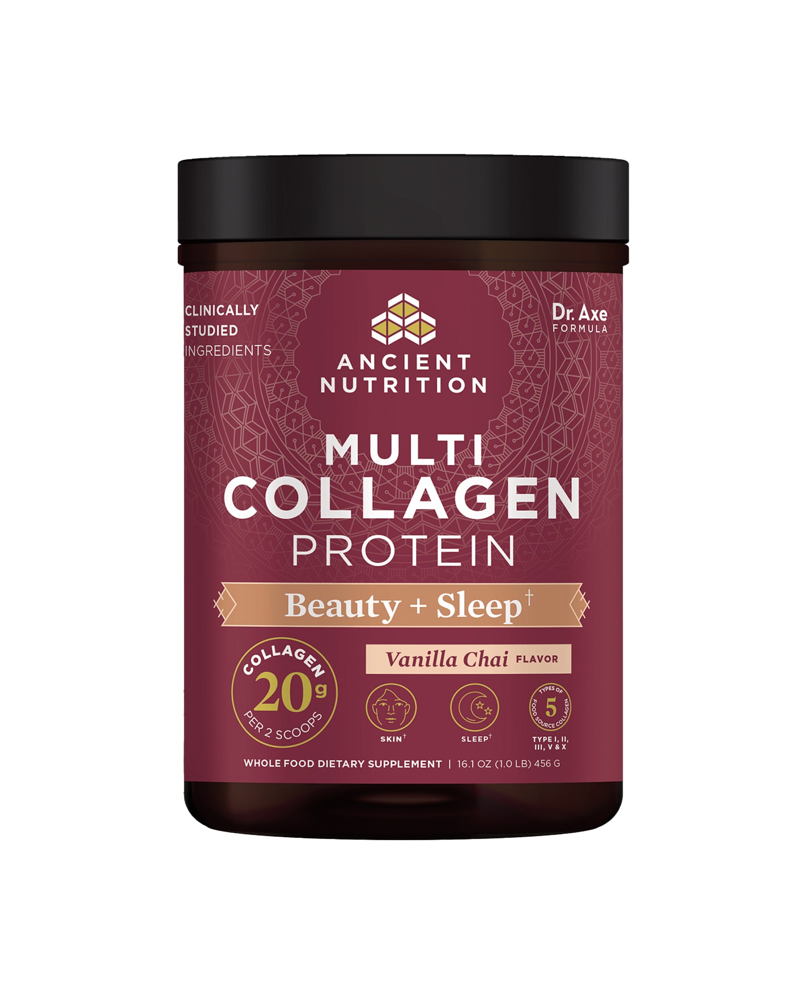 The front of Ancient Nutrition Beauty & Sleep Multi Collagen Protein Powder