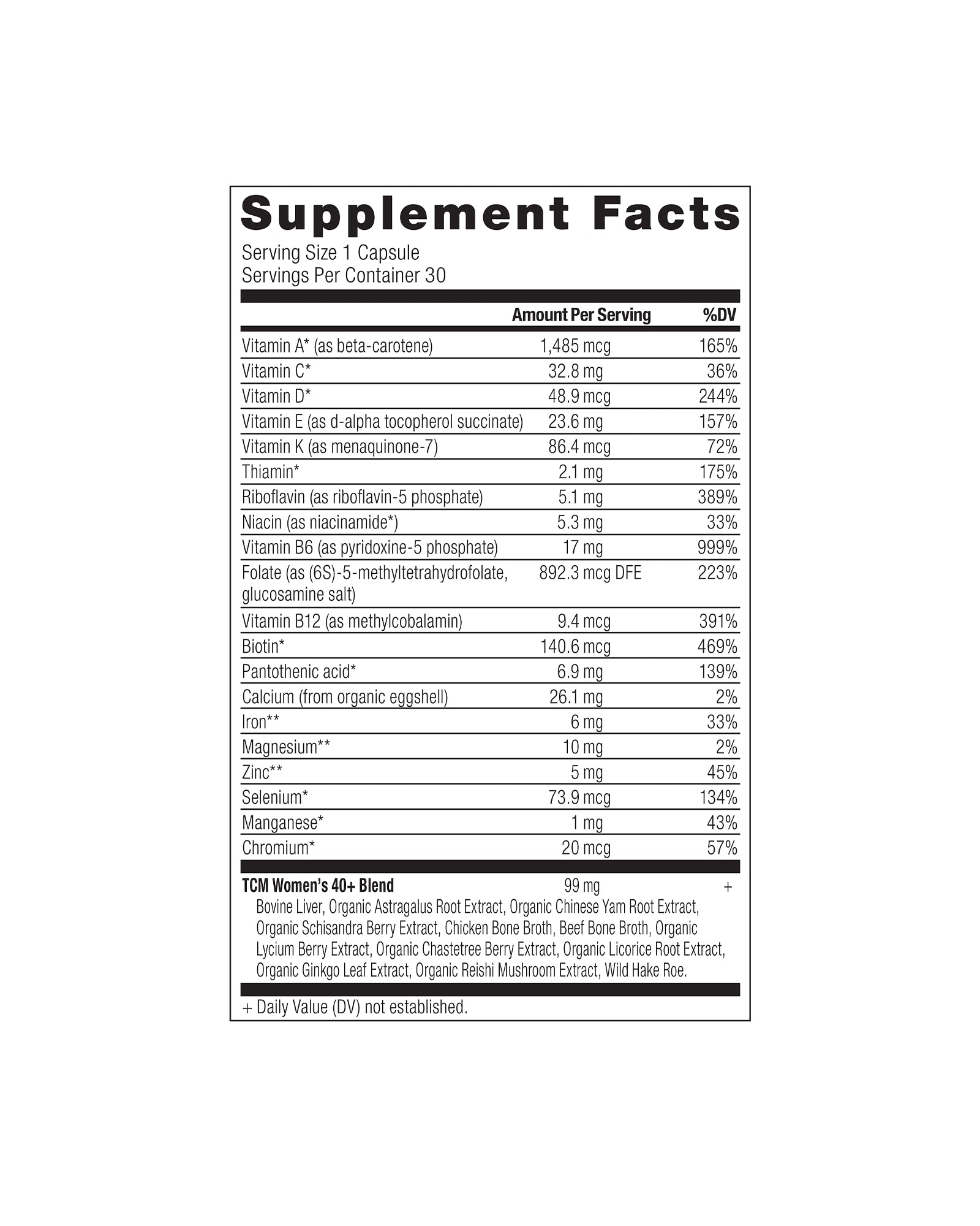 The nutrition panel of Ancient Nutrition Women's 40+ Once Daily Multivitamin Capsules