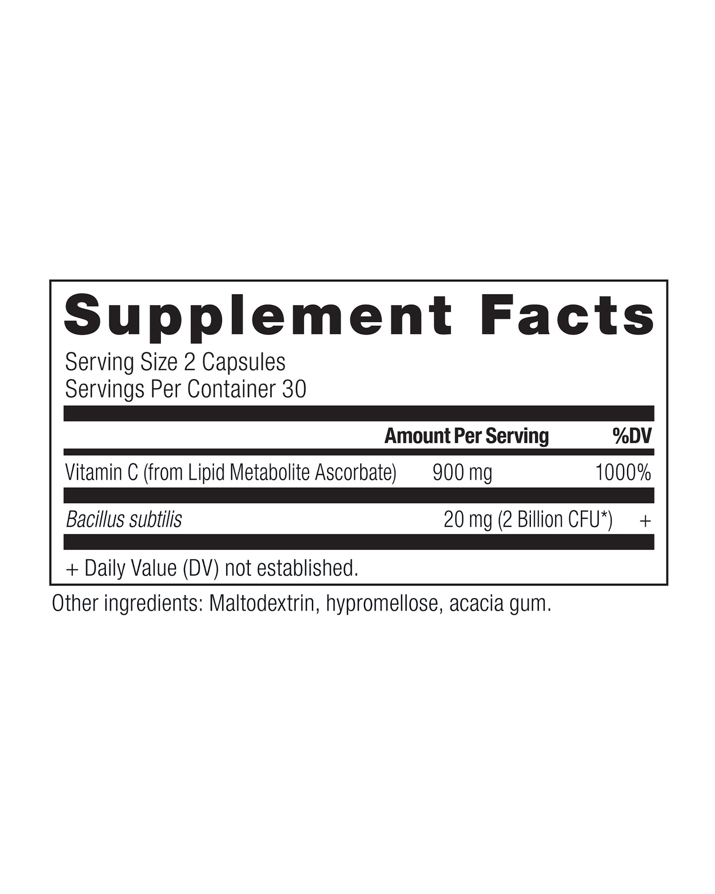 The nutrition panel of Ancient Nutrition Vitamin C & Probiotics Capsules