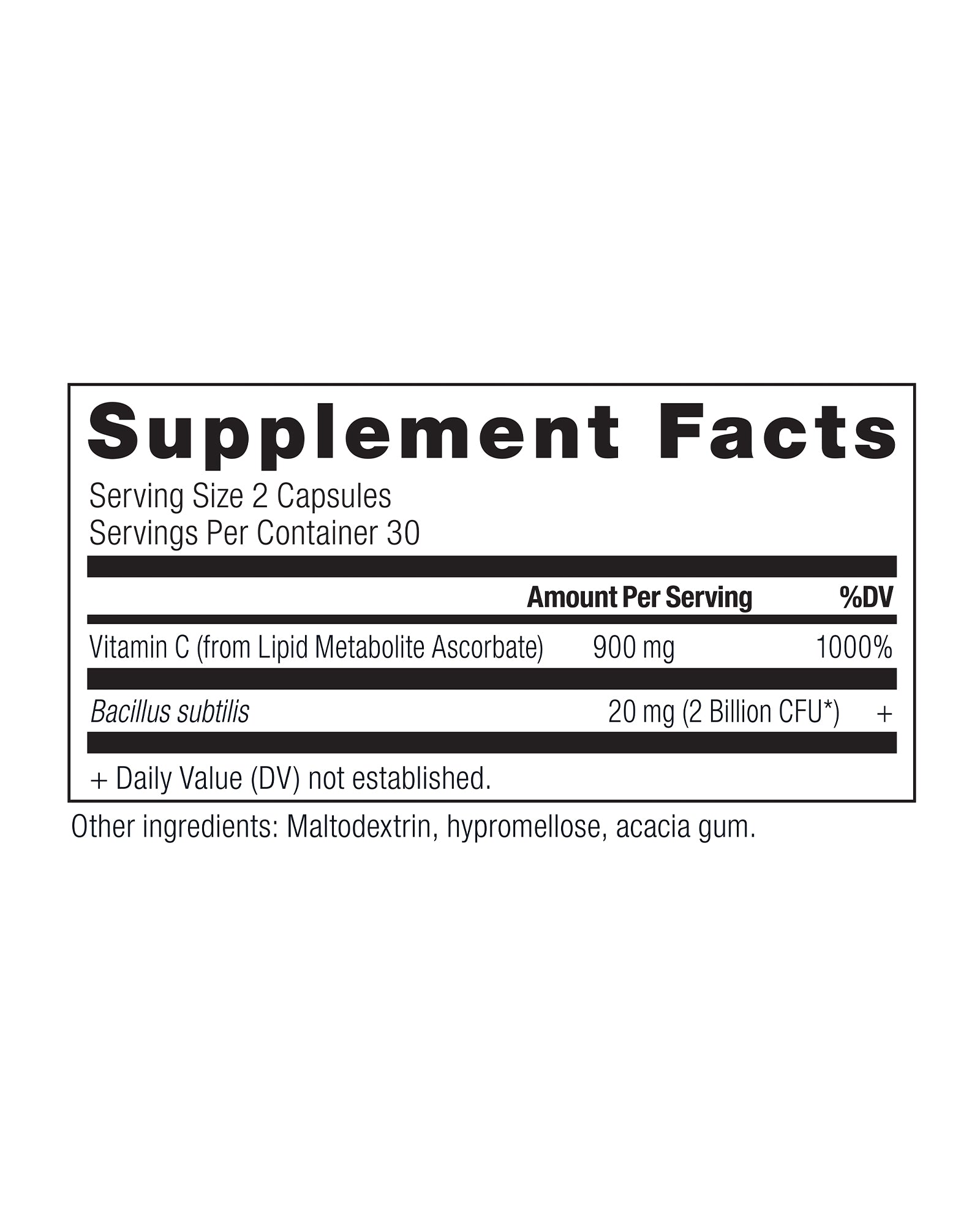 The nutrition panel of Ancient Nutrition Vitamin C & Probiotics Capsules