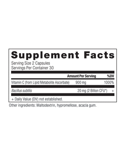 The nutrition panel of Ancient Nutrition Vitamin C & Probiotics Capsules