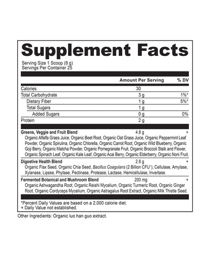The nutrition panel of Ancient Nutrition Organic Super Greens Powder