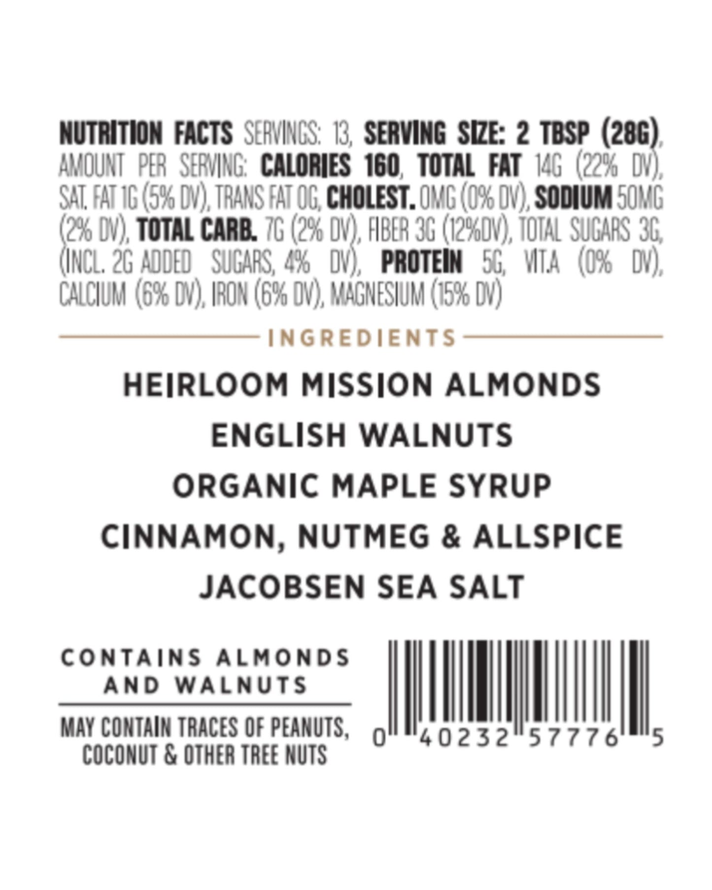 The nutrition panel of Big Spoon Roasters Carrot Cake Almond & Walnut Butter