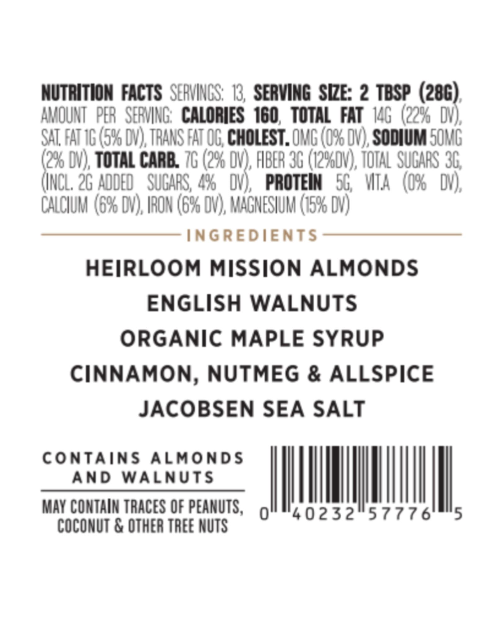 The nutrition panel of Big Spoon Roasters Carrot Cake Almond & Walnut Butter